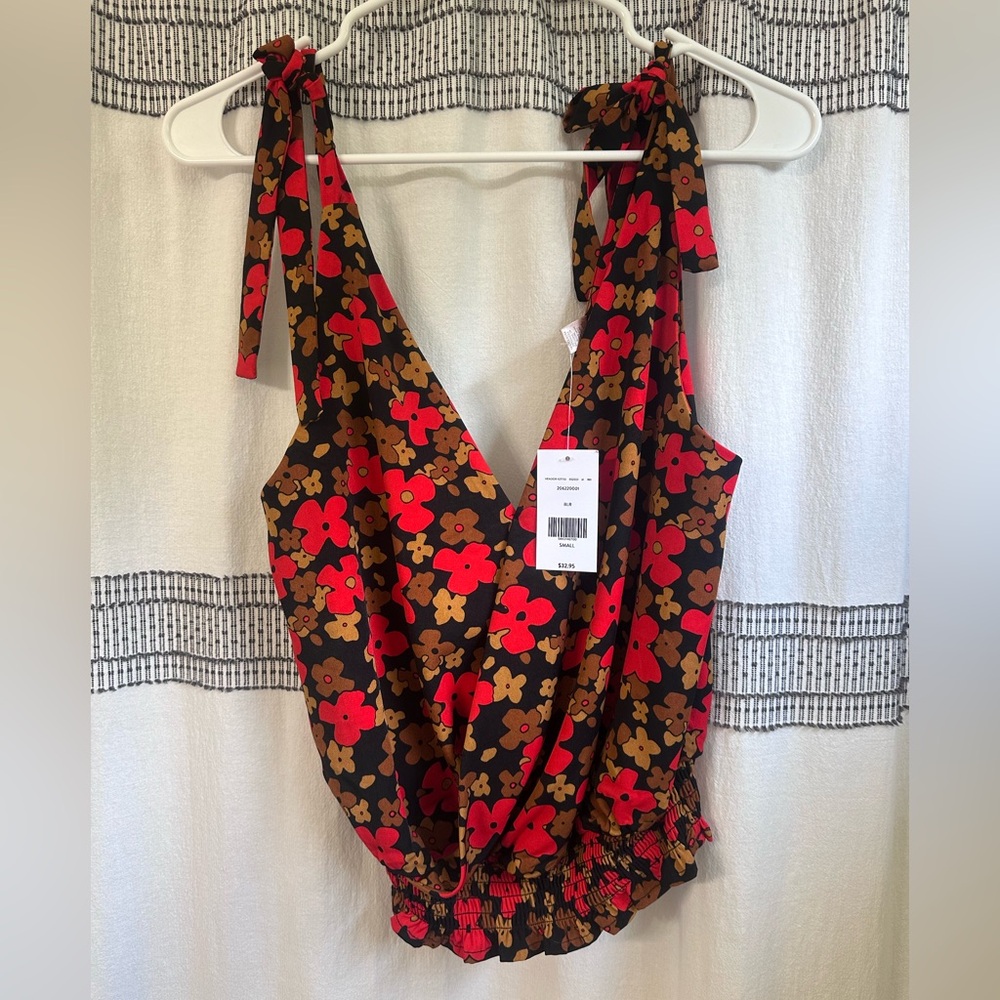 Floral V-Neck Women Top - Red and Brown